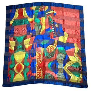 Vintage Abstract Picasso Multicolor Art Scarf Bold Print w/ Satin/Sheer Stripes